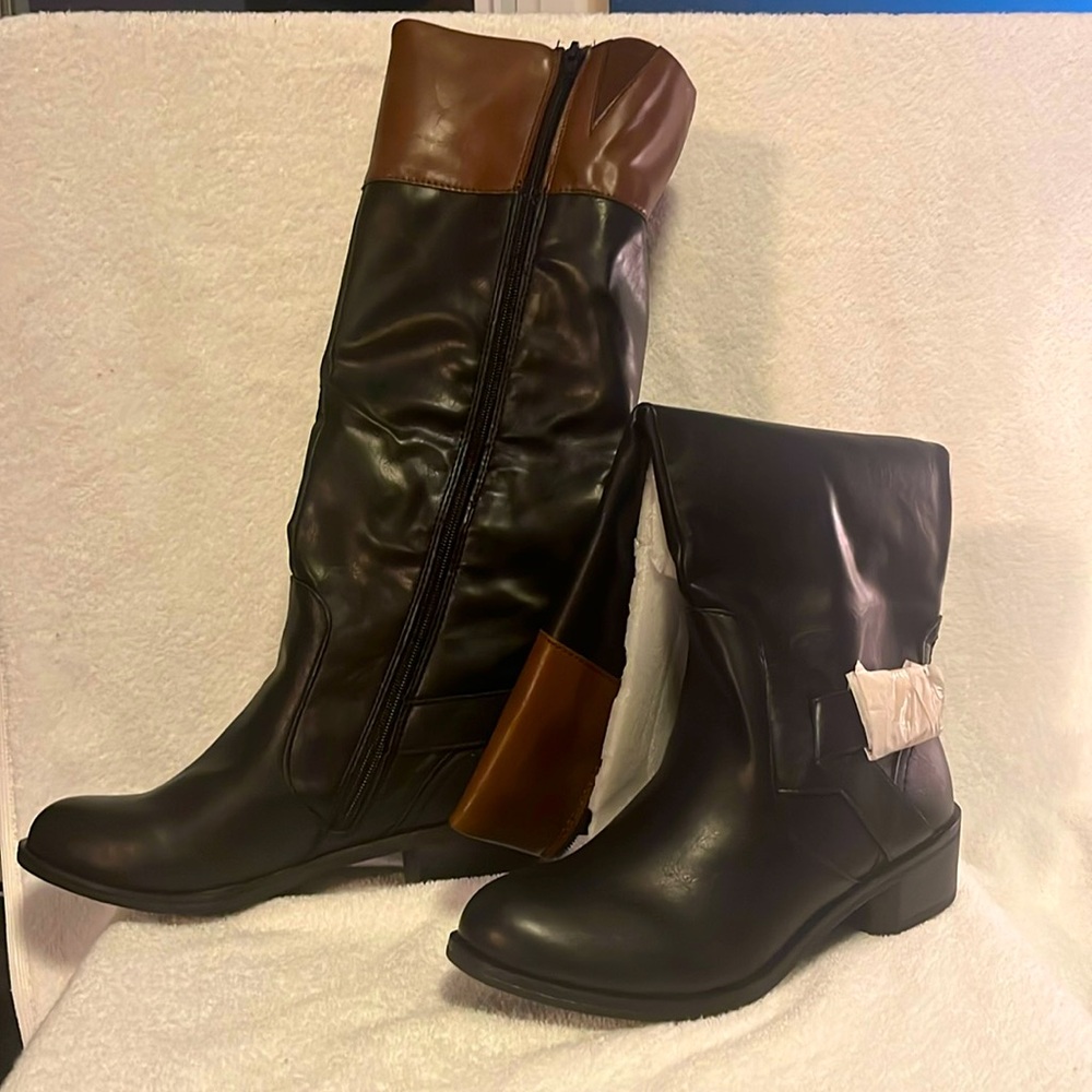 Tall black boots with brown trimmed tops. Brand new from Arizona Jeans Co.